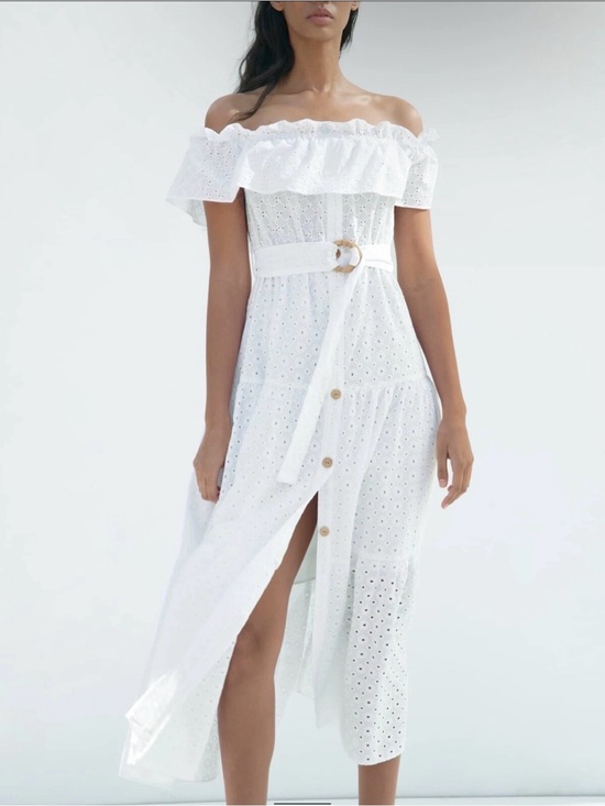Zara Dresses & Skirts - Zara White Eyelet Maxi Dress with Wooden Button Accents
